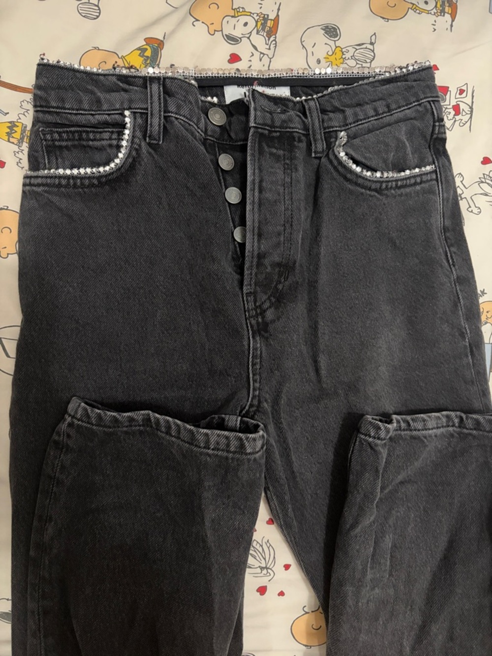 Reformation Black Straight Leg Jeans with Beaded Trim